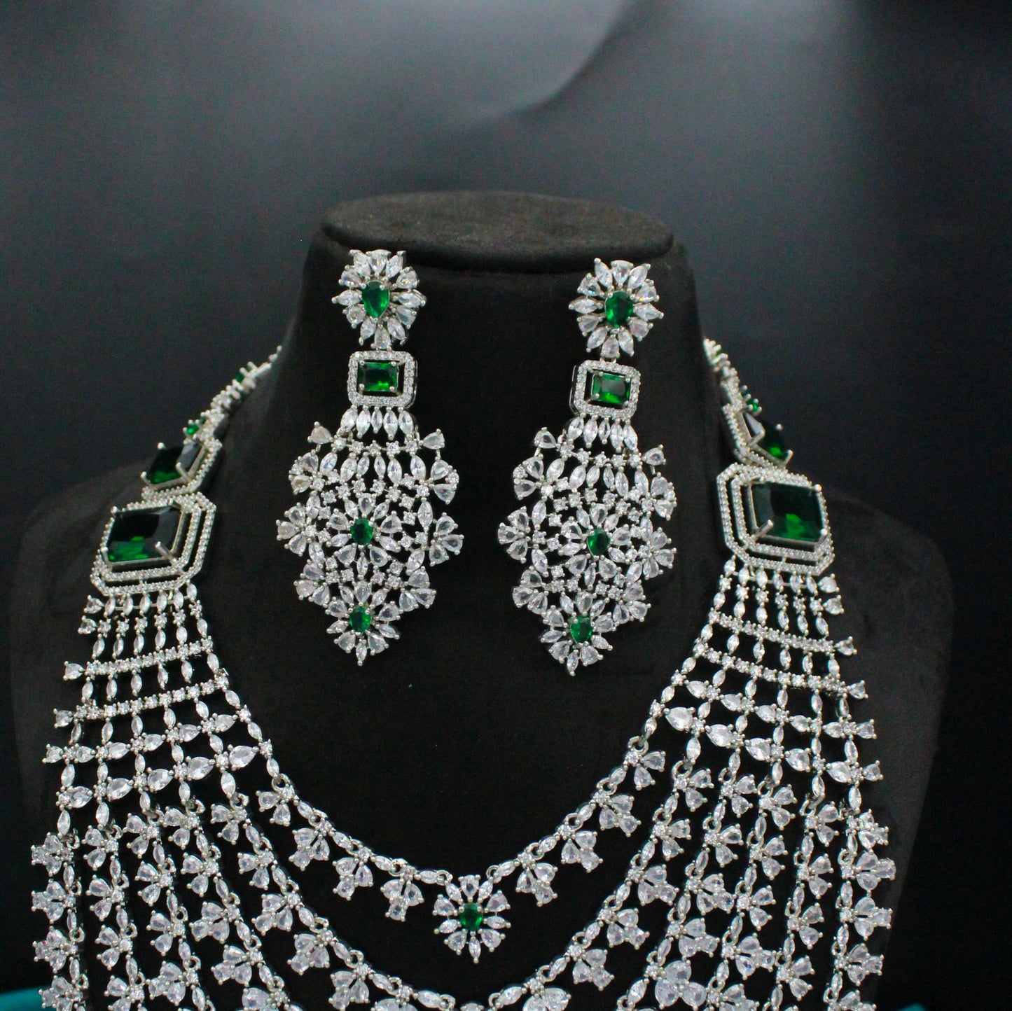 Platinum Green Long Layers Necklace Set With Push Back Earrings 9133