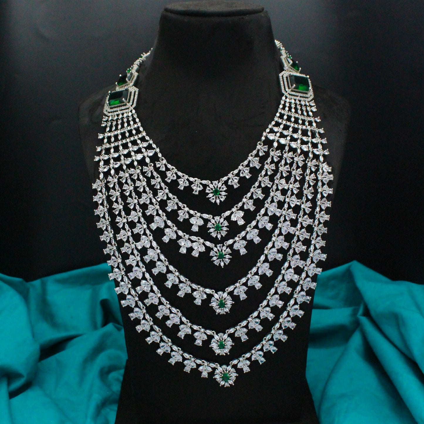 Platinum Green Long Layers Necklace Set With Push Back Earrings 9133