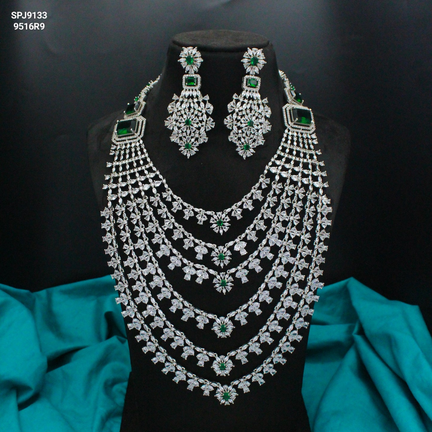 Platinum Green Long Layers Necklace Set With Push Back Earrings 9133