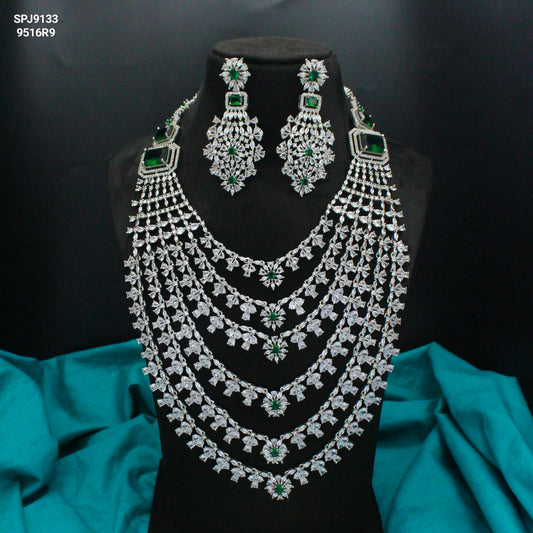 Platinum Green Long Layers Necklace Set With Push Back Earrings 9133