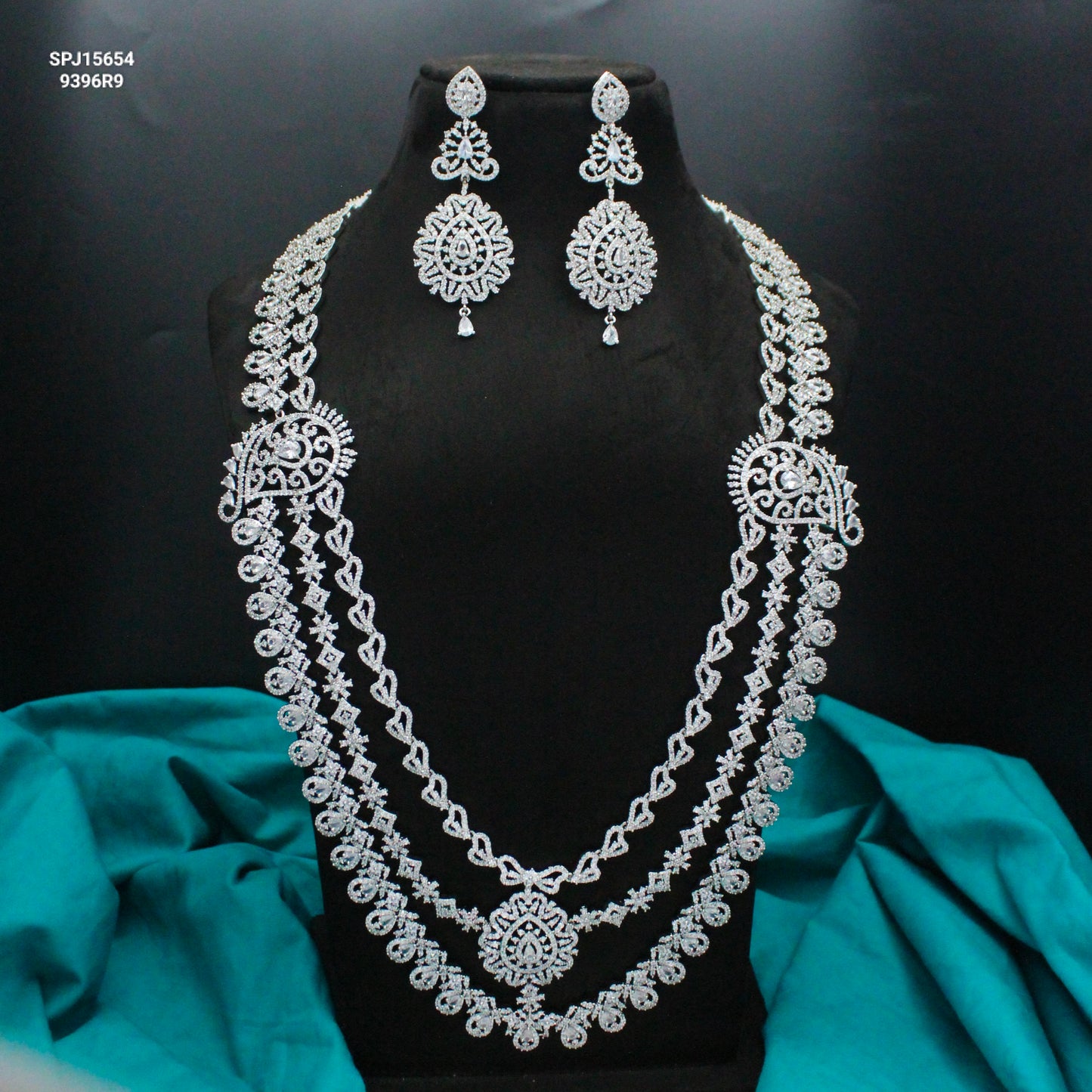 Platinum Full White Long 3 Layers Mango Necklace Set With Push Back Earrings 15654