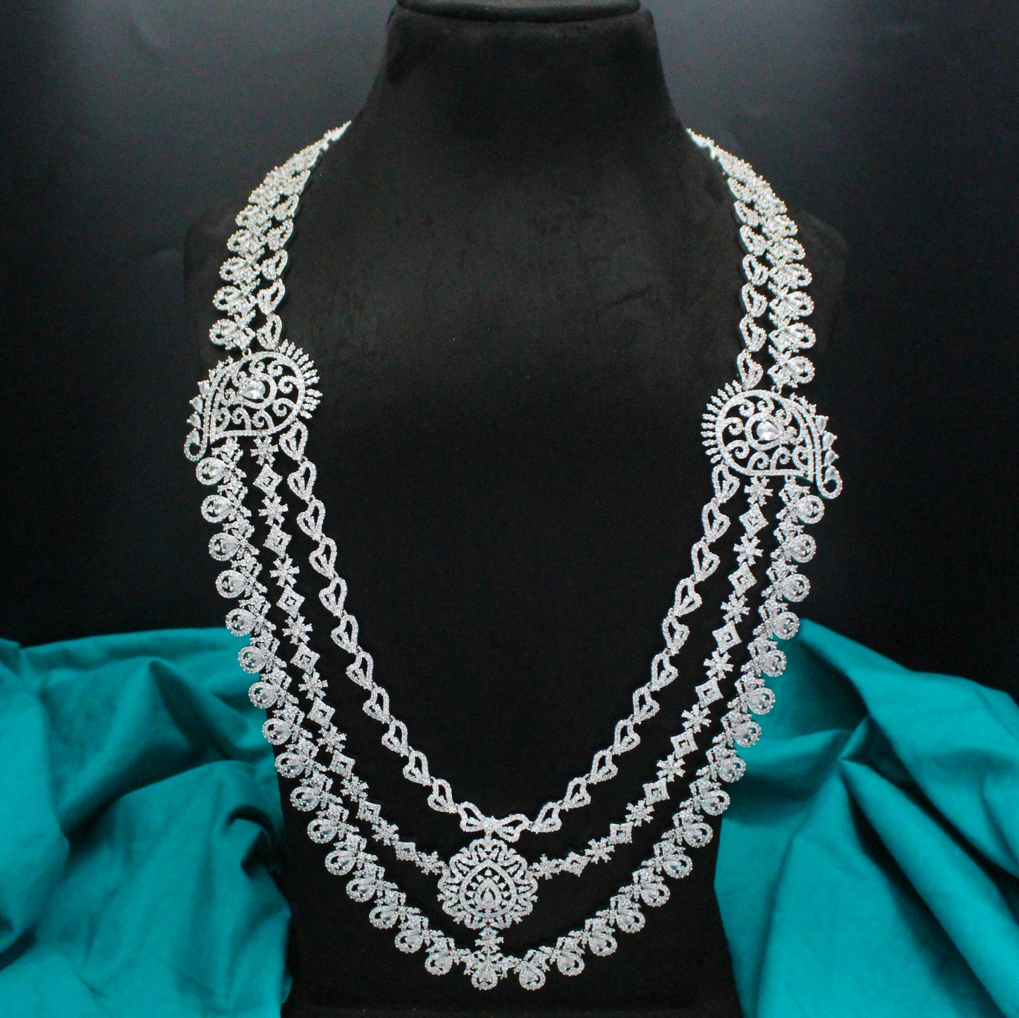Platinum Full White Long 3 Layers Mango Necklace Set With Push Back Earrings 15654