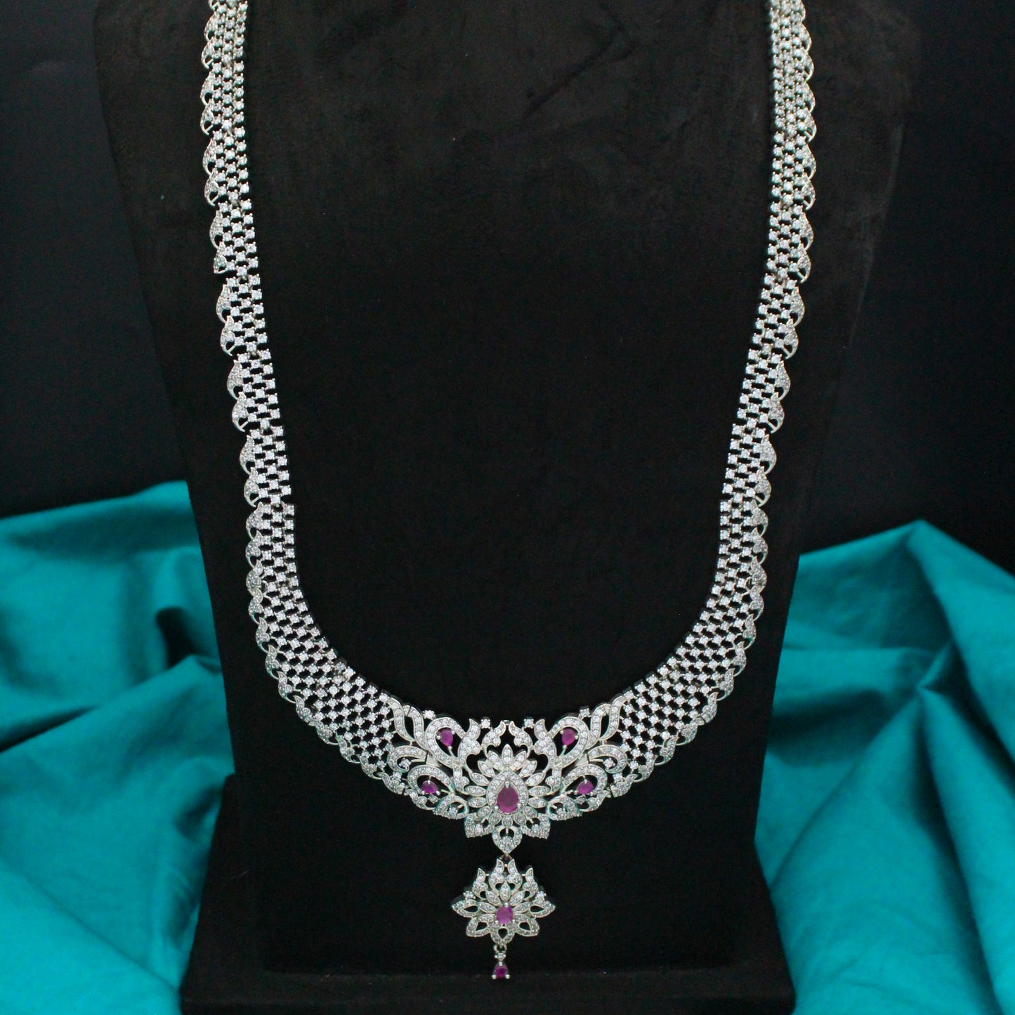 Platinum Dark Pink Long Drop Necklace Set With Push Back Jhumkis 690