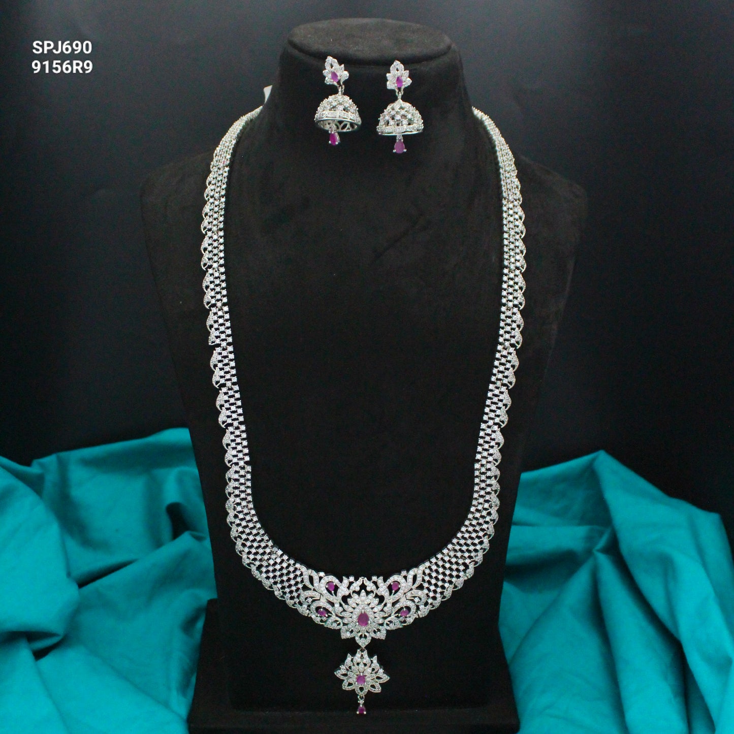 Platinum Dark Pink Long Drop Necklace Set With Push Back Jhumkis 690