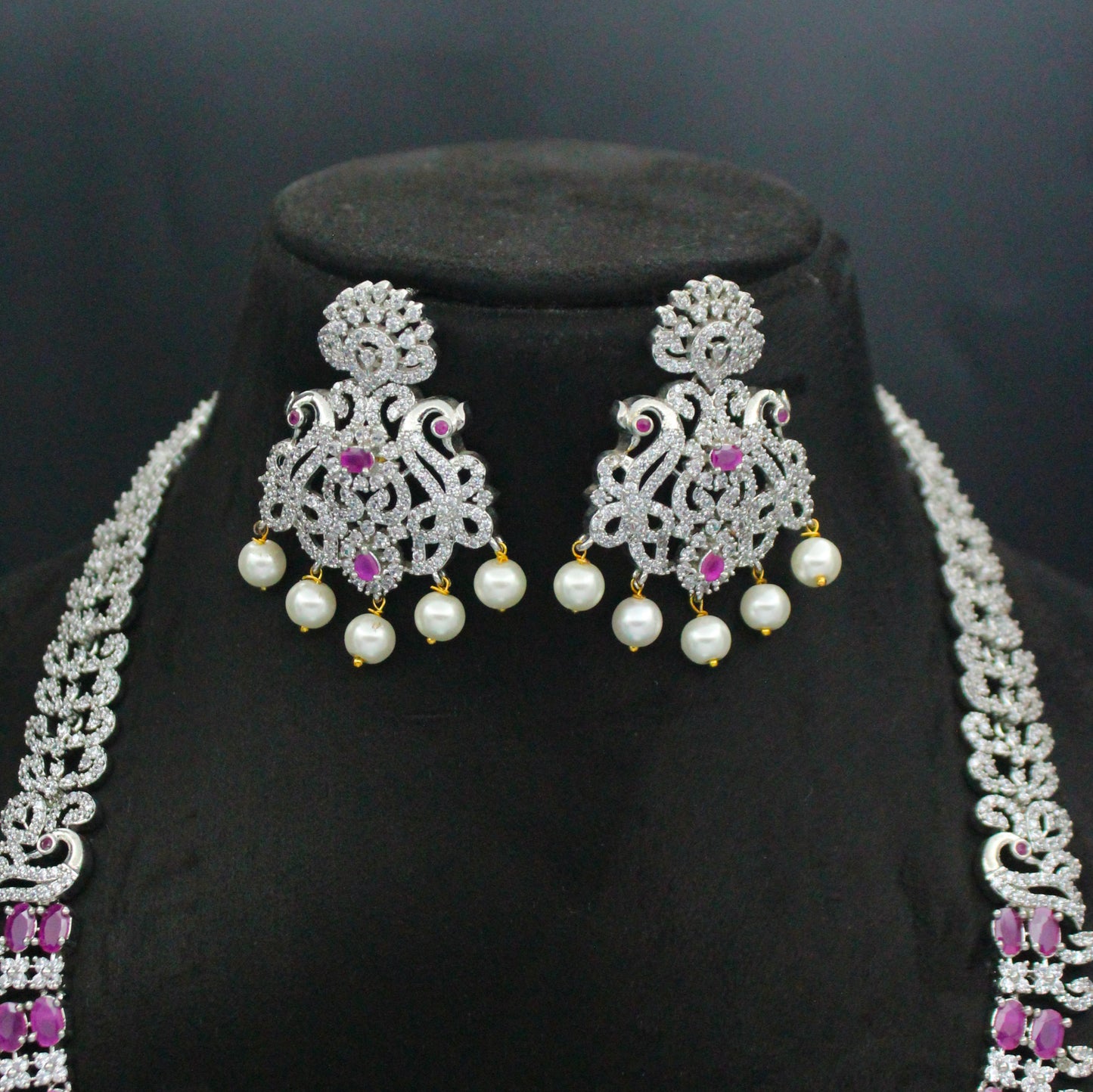 Platinum Dark Pink Long Peacock Necklace Set With Push Back Earrings 9954