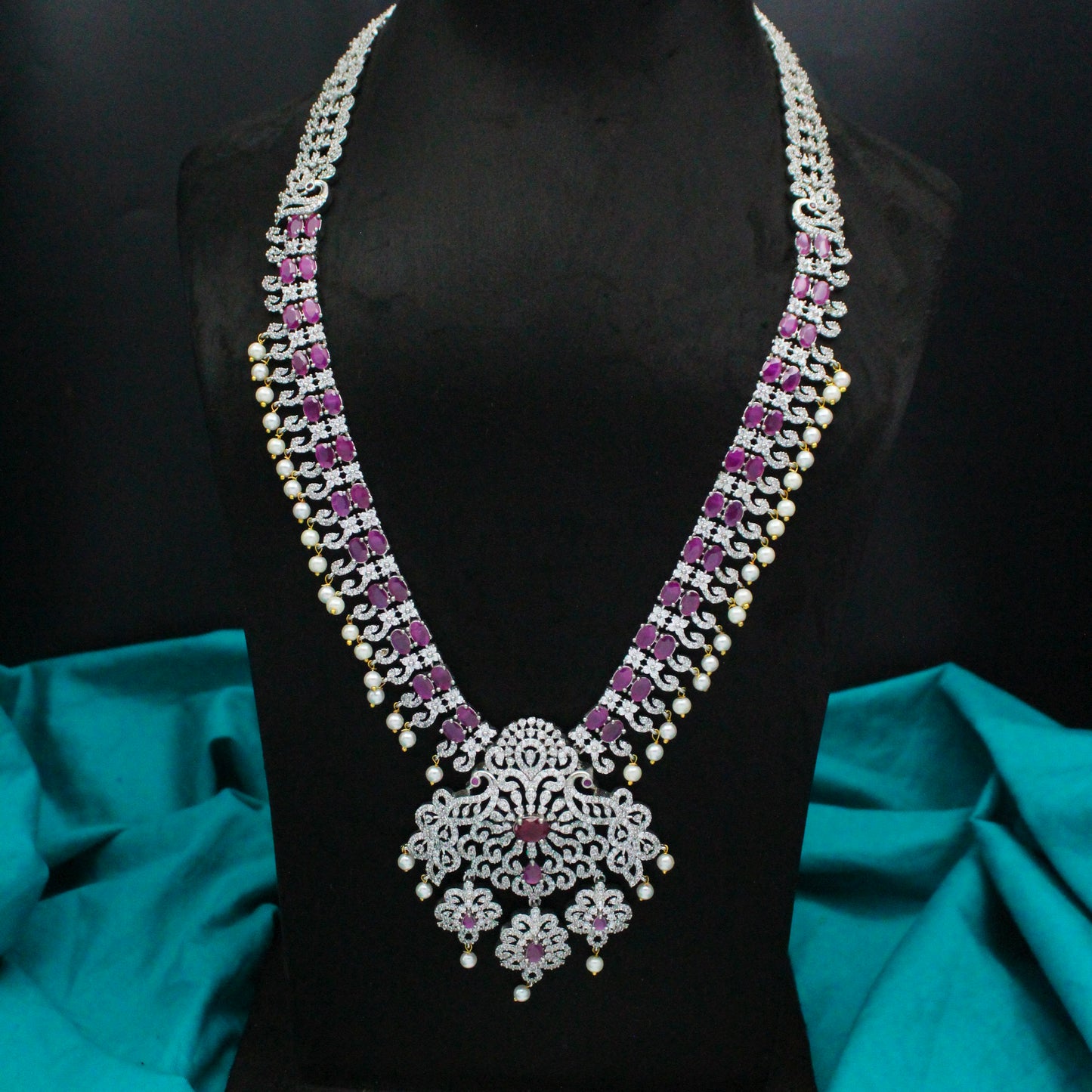 Platinum Dark Pink Long Peacock Necklace Set With Push Back Earrings 9954