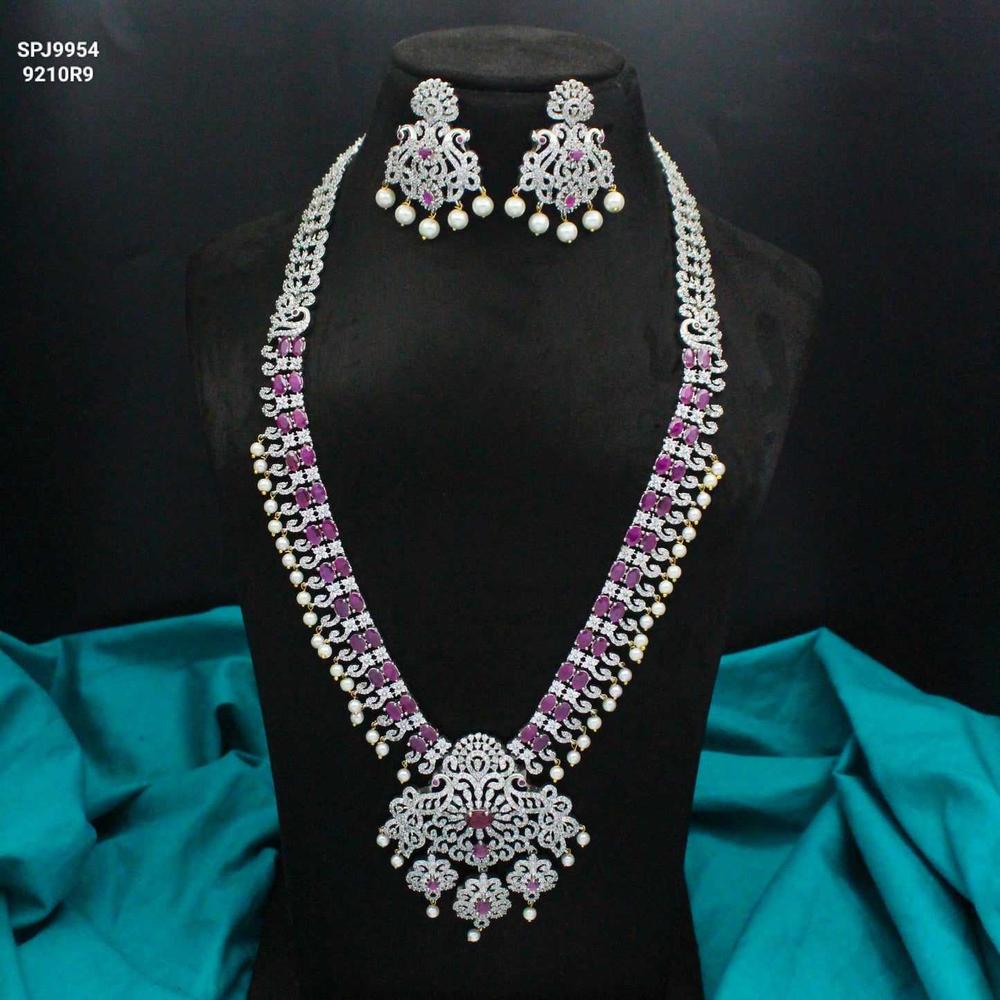 Platinum Dark Pink Long Peacock Necklace Set With Push Back Earrings 9954