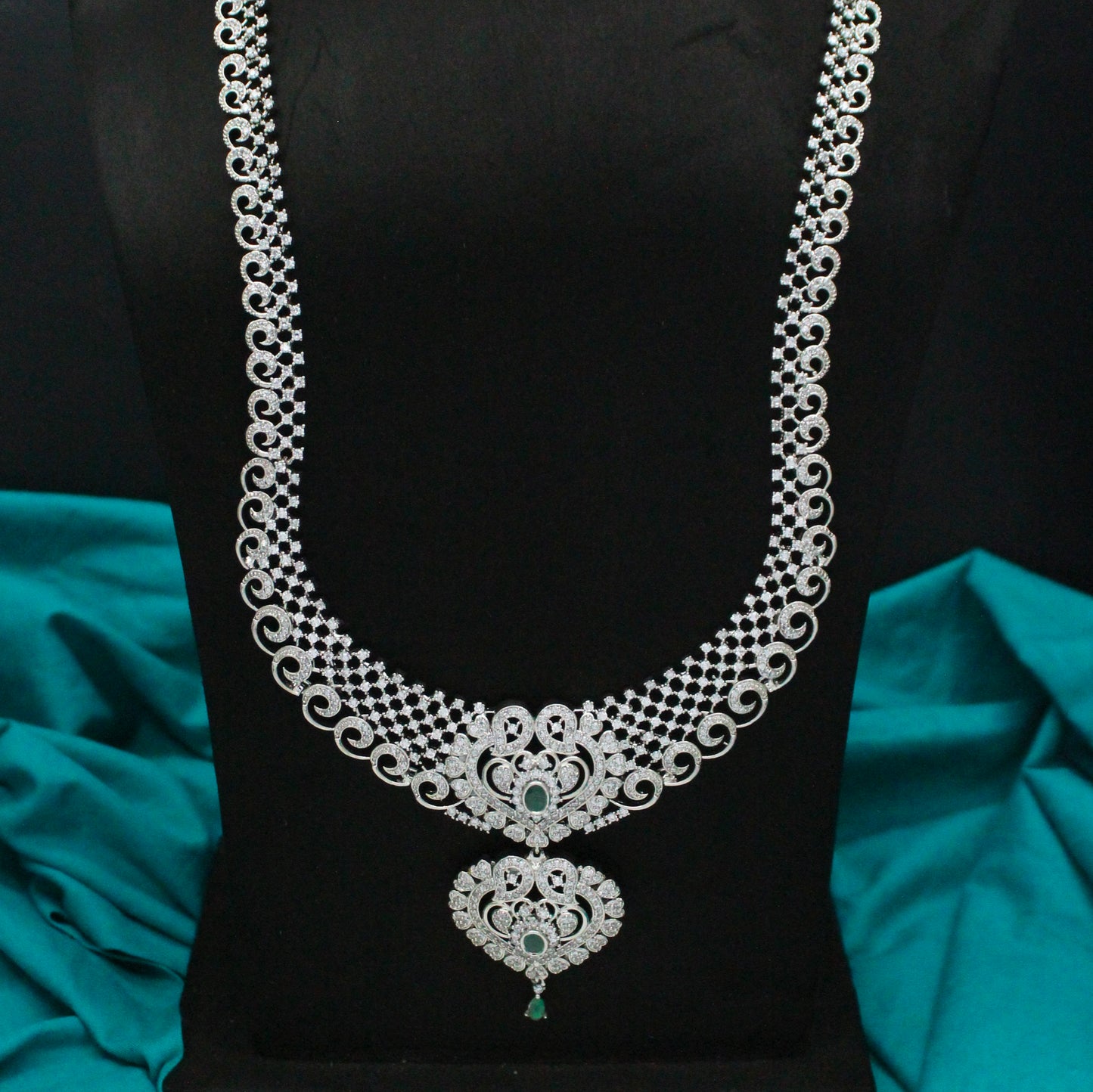 Platinum Green Long Drop Necklace Set With Push Back Jhumkis 692
