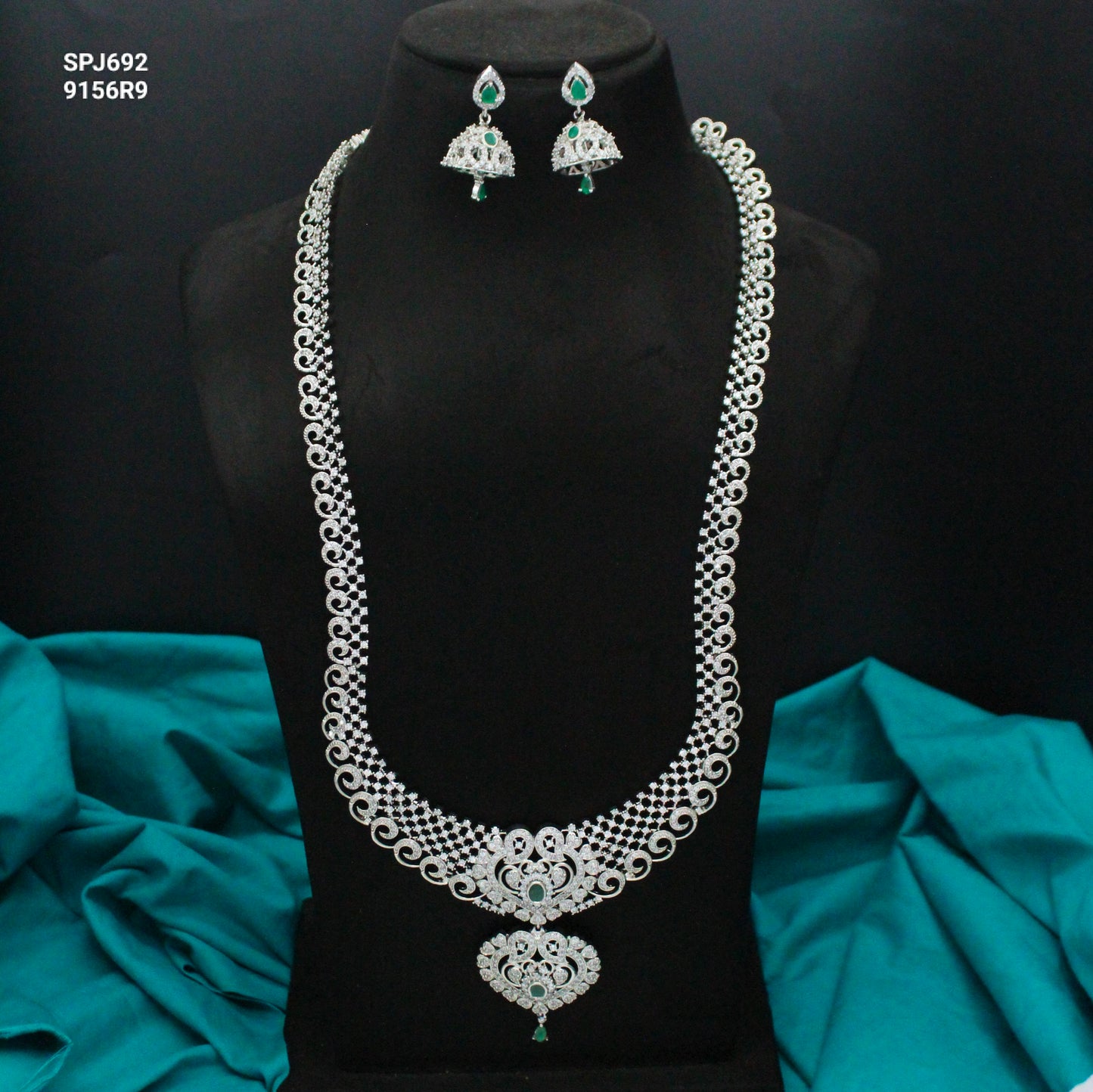 Platinum Green Long Drop Necklace Set With Push Back Jhumkis 692
