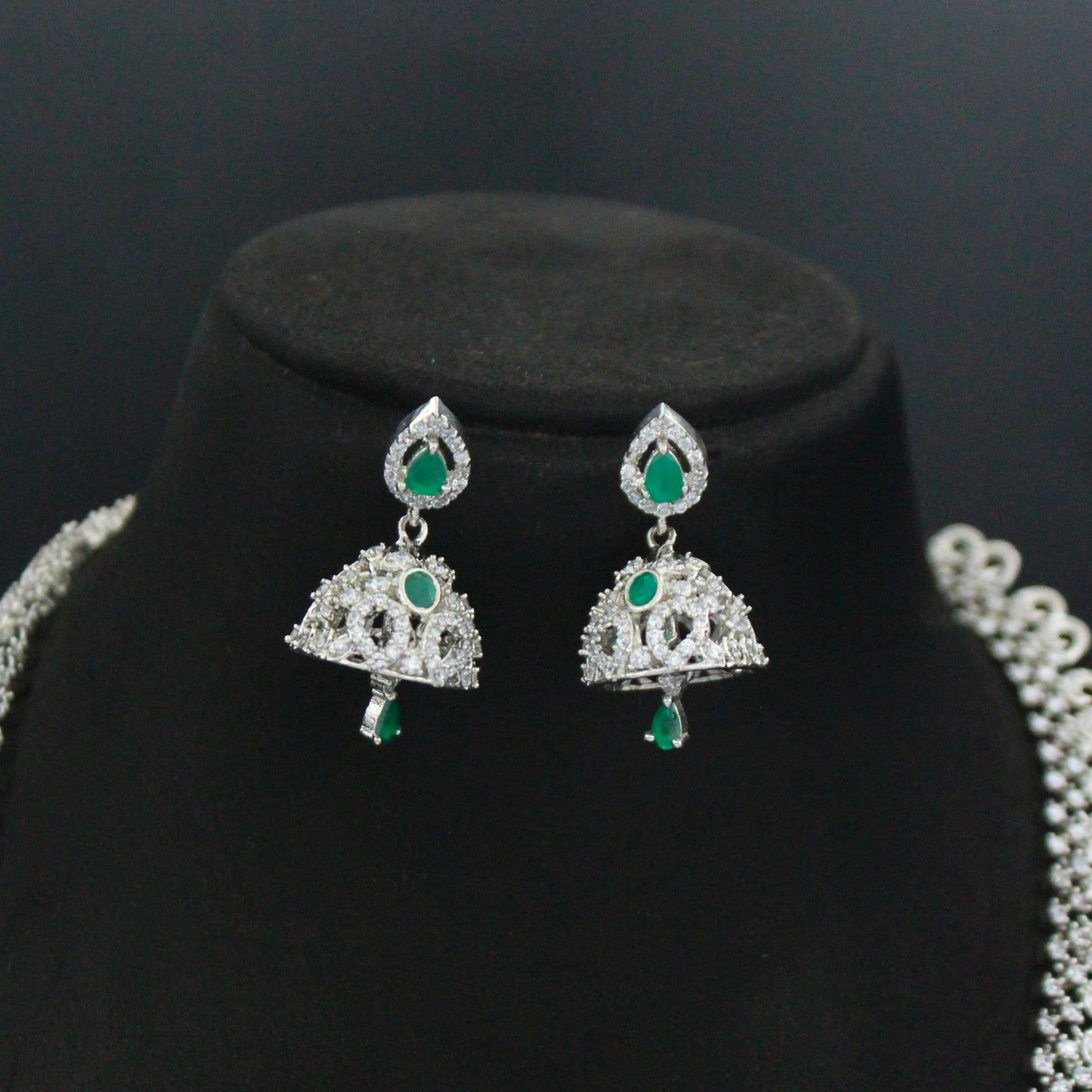 Platinum Green Long Drop Necklace Set With Push Back Jhumkis 692