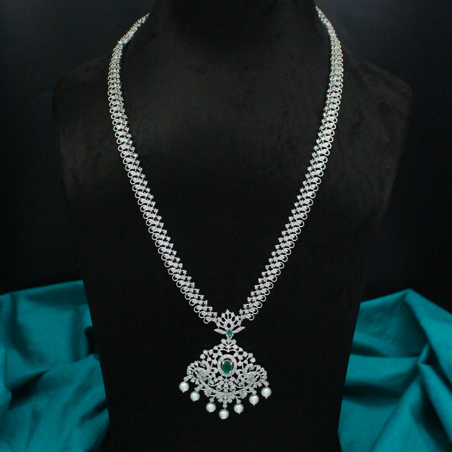 Platinum Green Double Peacock Long Necklace Set With Push Back Chandbali Earrings 10464