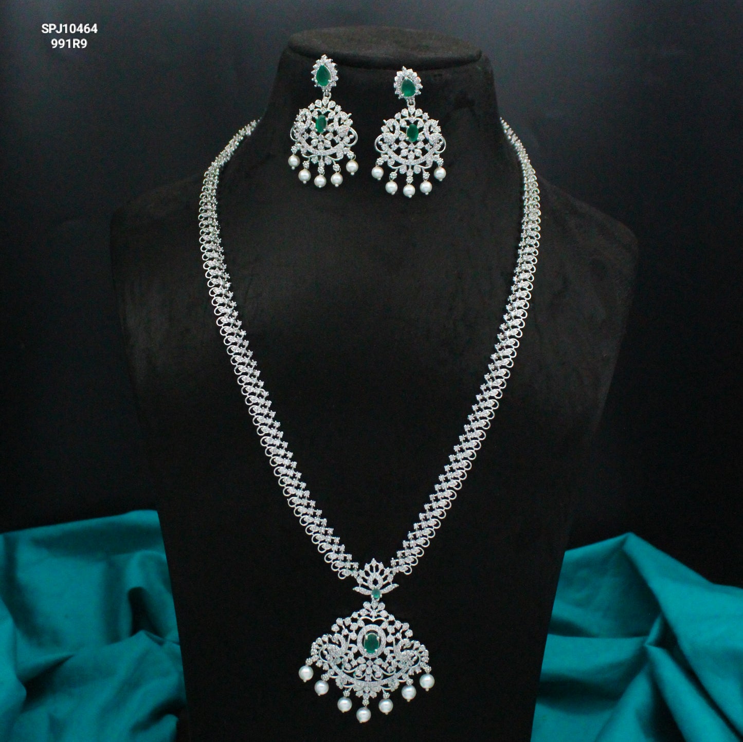 Platinum Green Double Peacock Long Necklace Set With Push Back Chandbali Earrings 10464
