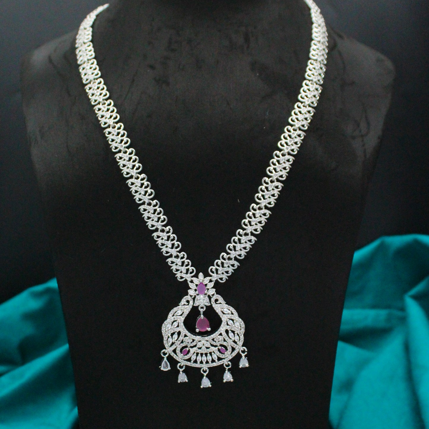 Platinum Long Dark Pink Chand Necklace Set With Push Back Earrings 15636