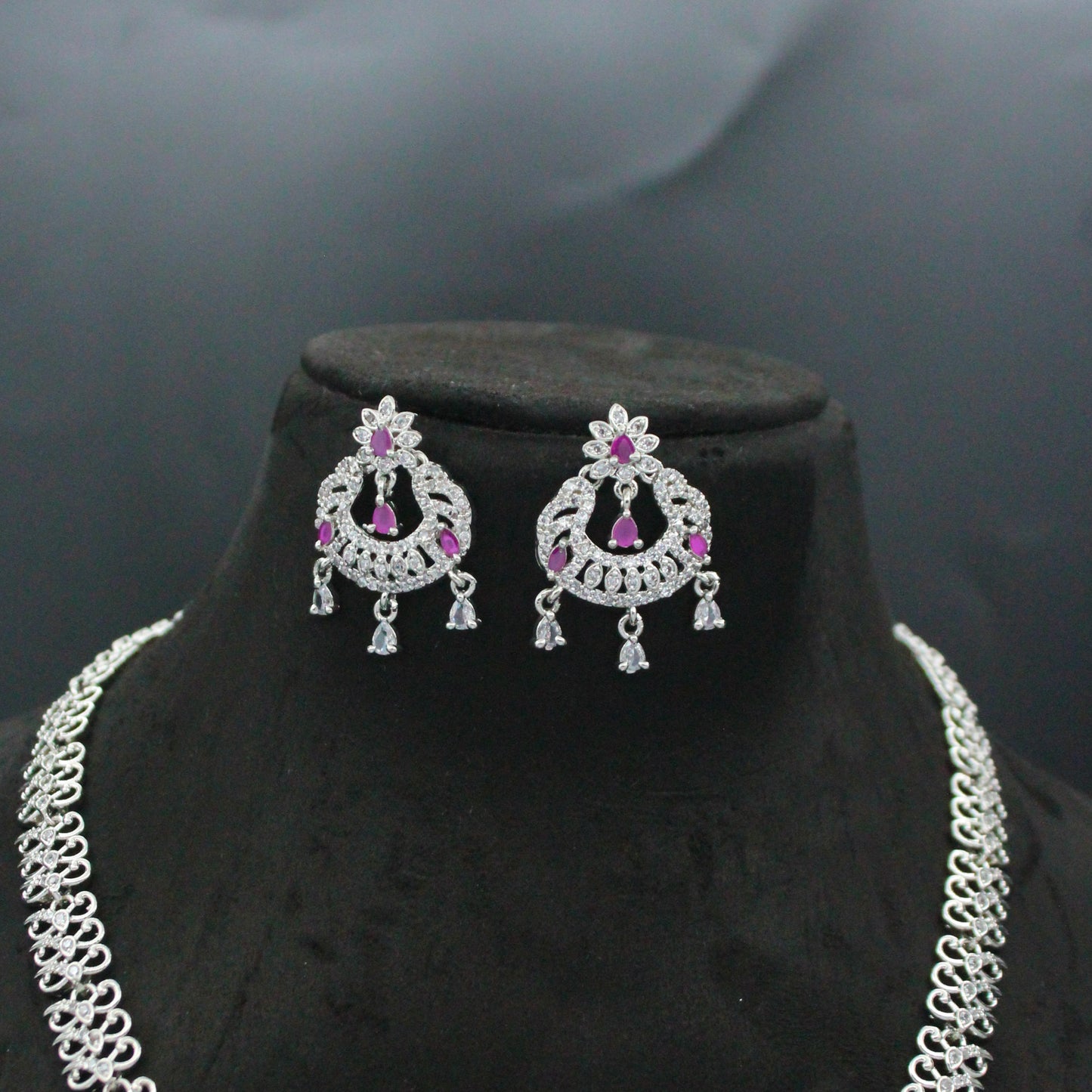 Platinum Long Dark Pink Chand Necklace Set With Push Back Earrings 15636