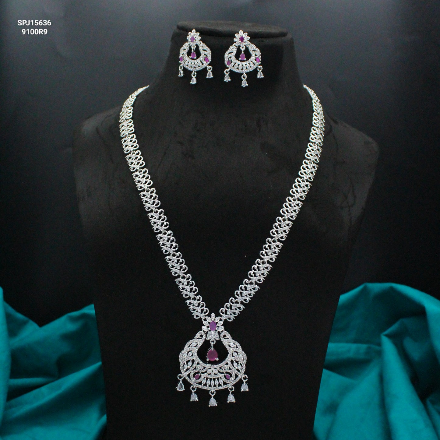 Platinum Long Dark Pink Chand Necklace Set With Push Back Earrings 15636