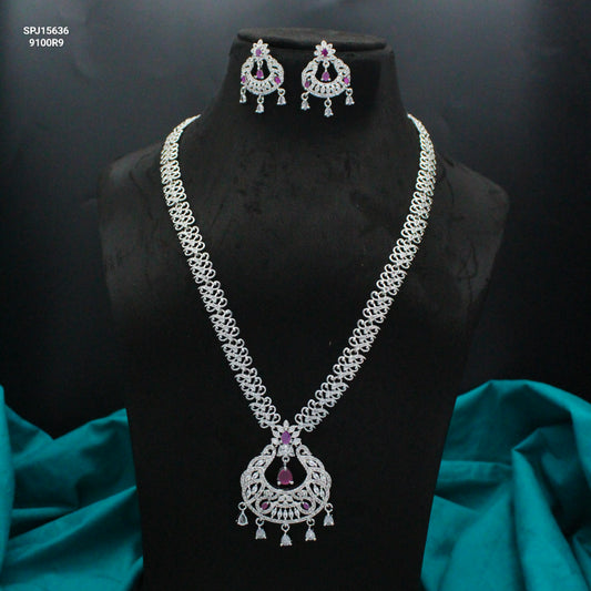 Platinum Long Dark Pink Chand Necklace Set With Push Back Earrings 15636