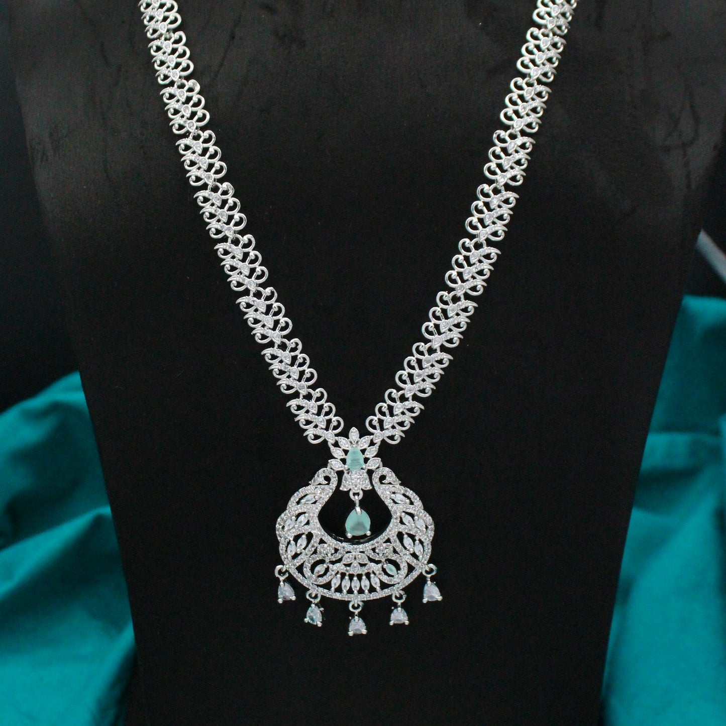 Platinum Mint Blue Long Chand Necklace Set With Push Back Chandbali Earrings 15634