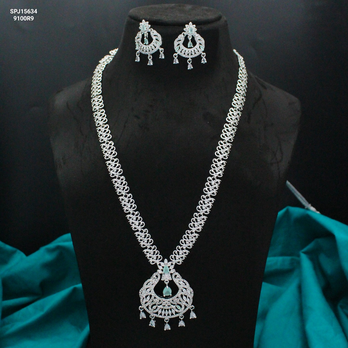 Platinum Mint Blue Long Chand Necklace Set With Push Back Chandbali Earrings 15634