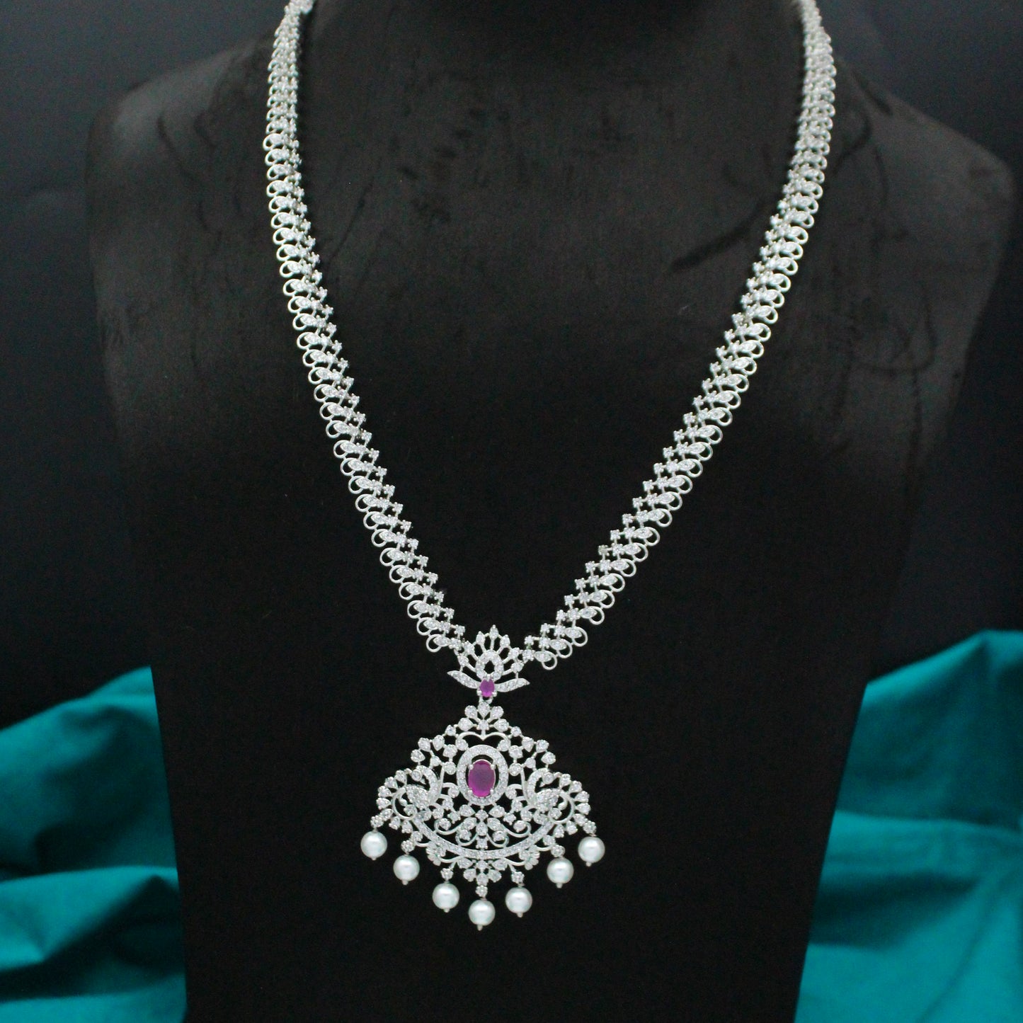 Platinum Dark Pink Long Necklace Set With Push Back Earrings 10462