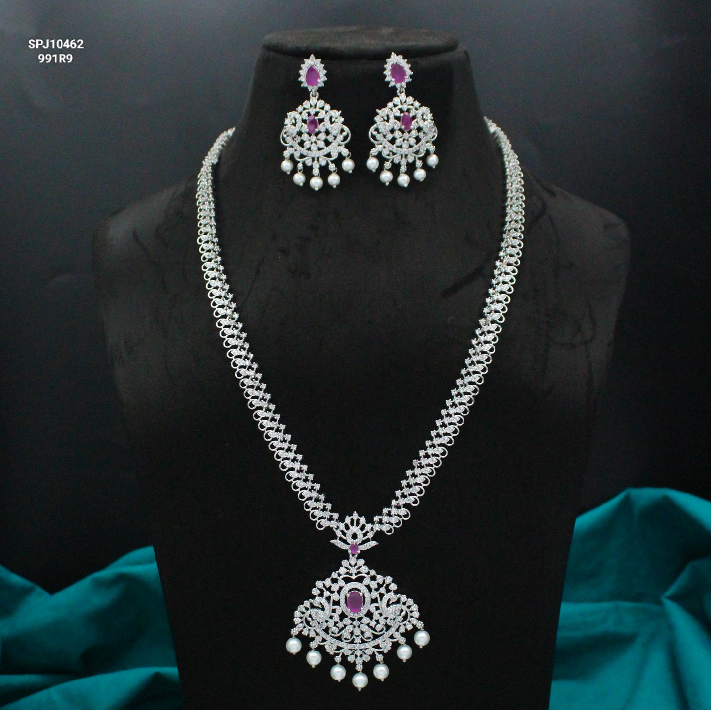 Platinum Dark Pink Long Necklace Set With Push Back Earrings 10462