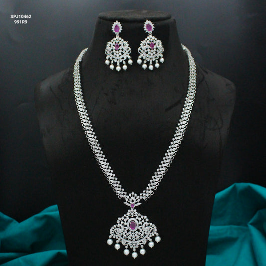 Platinum Dark Pink Long Necklace Set With Push Back Earrings 10462