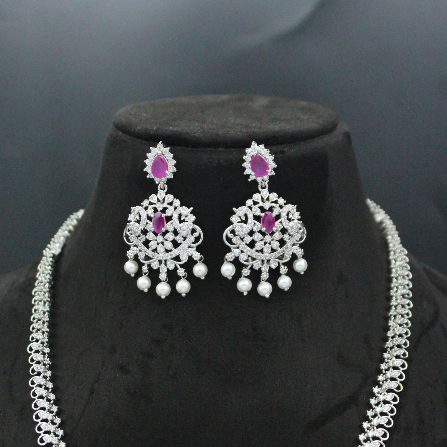 Platinum Dark Pink Long Necklace Set With Push Back Earrings 10462