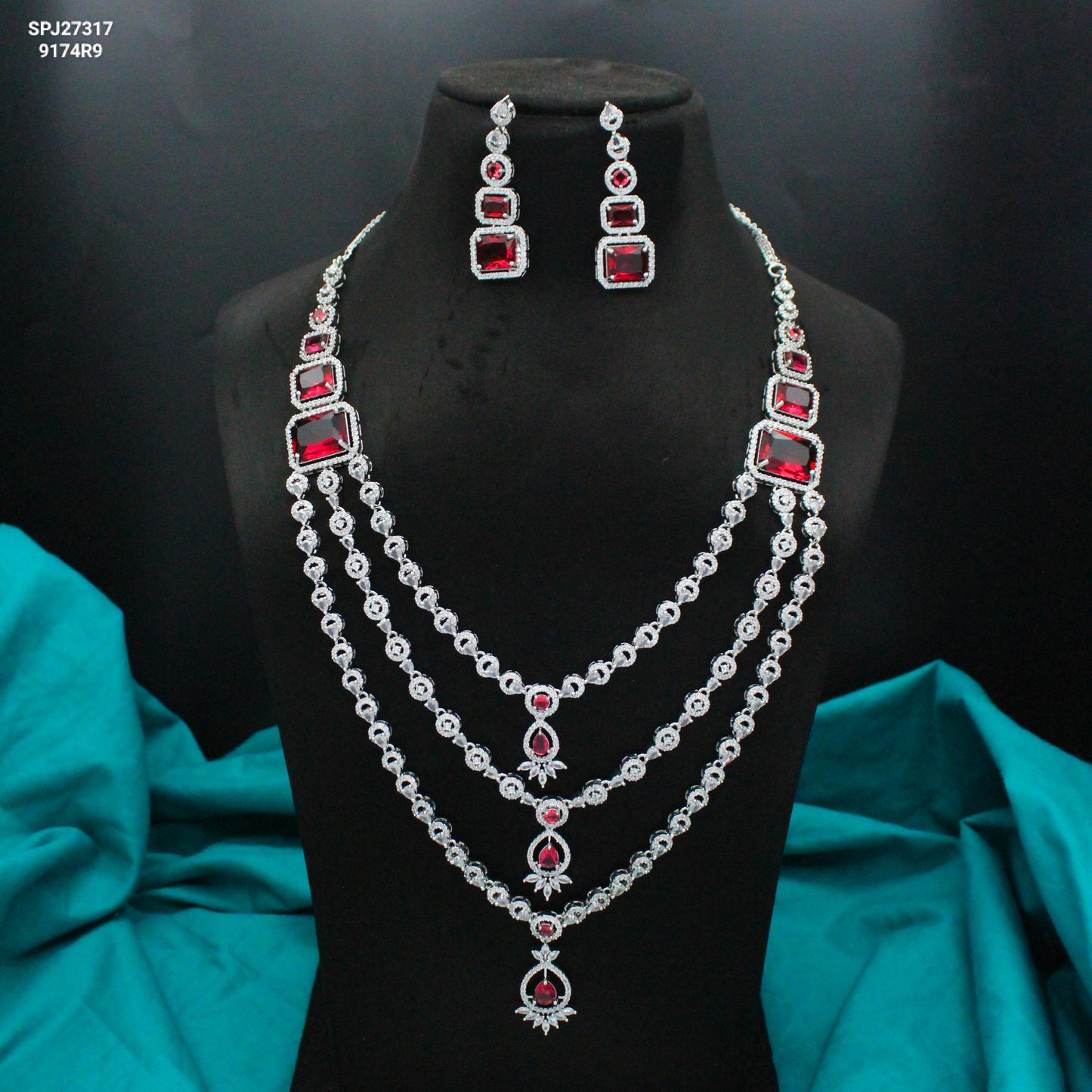 Platinum Long Ruby 2 Layers Necklace Set With Push Back Earrings 27317