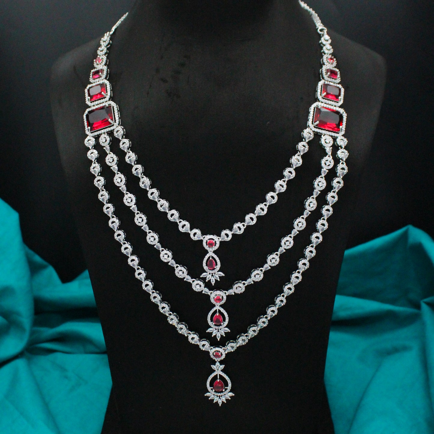Platinum Long Ruby 2 Layers Necklace Set With Push Back Earrings 27317