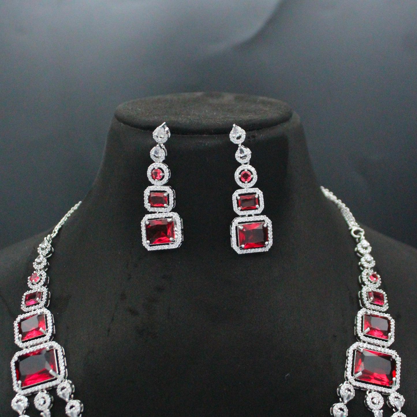 Platinum Long Ruby 2 Layers Necklace Set With Push Back Earrings 27317