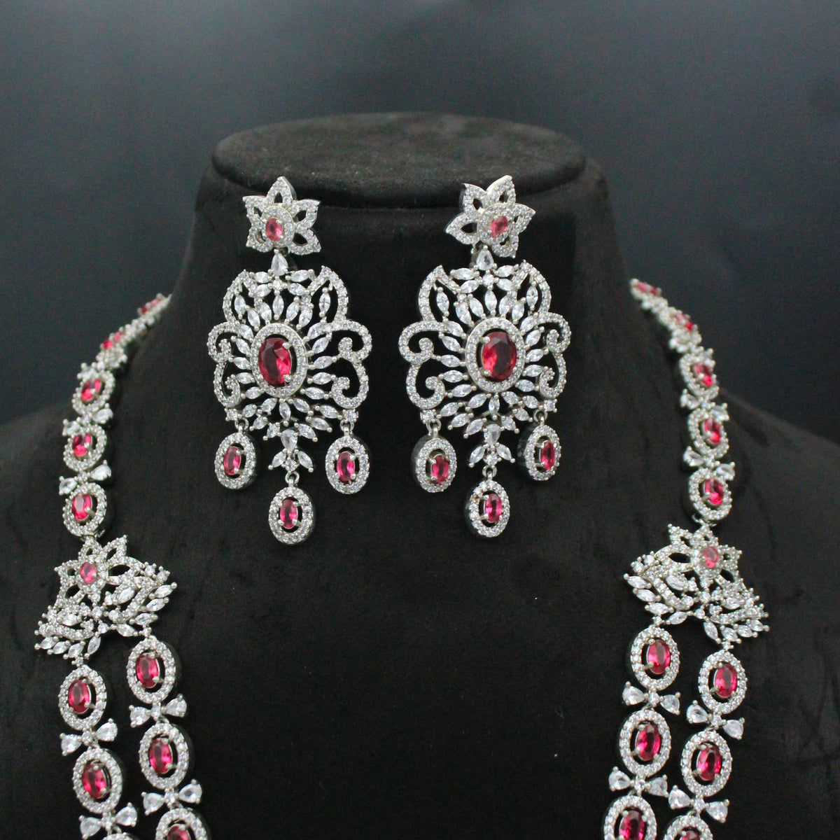Platinum Ruby 2-Layer Long Necklace Set with Pushback Earrings SP-9091