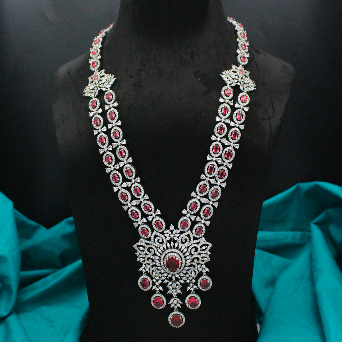 Platinum Ruby 2-Layer Long Necklace Set with Pushback Earrings SP-9091