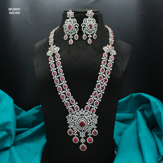 Platinum Ruby 2-Layer Long Necklace Set with Pushback Earrings SP-9091