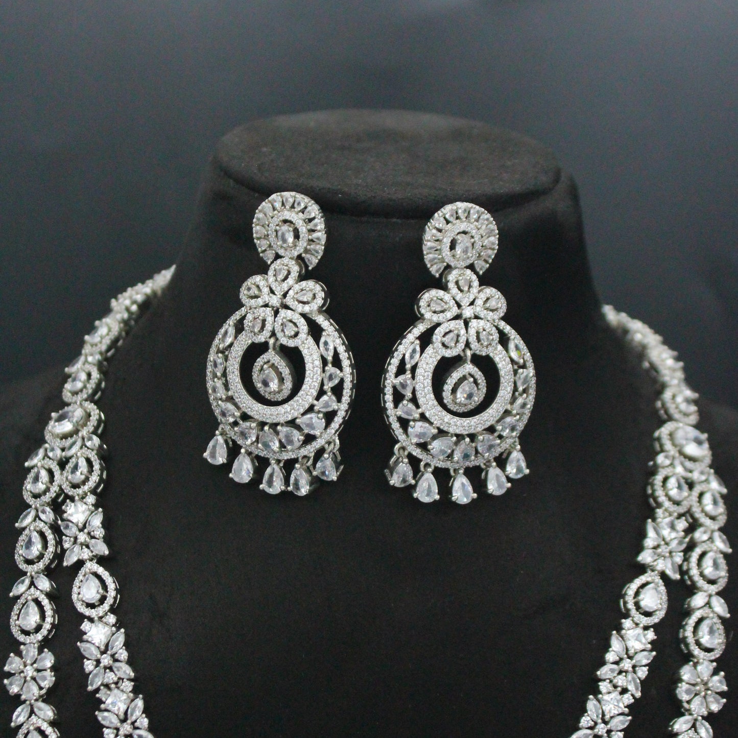 Platinum Full White Grand Chand Long Necklace Set With Big Chandbali Earrings Push Back 9096
