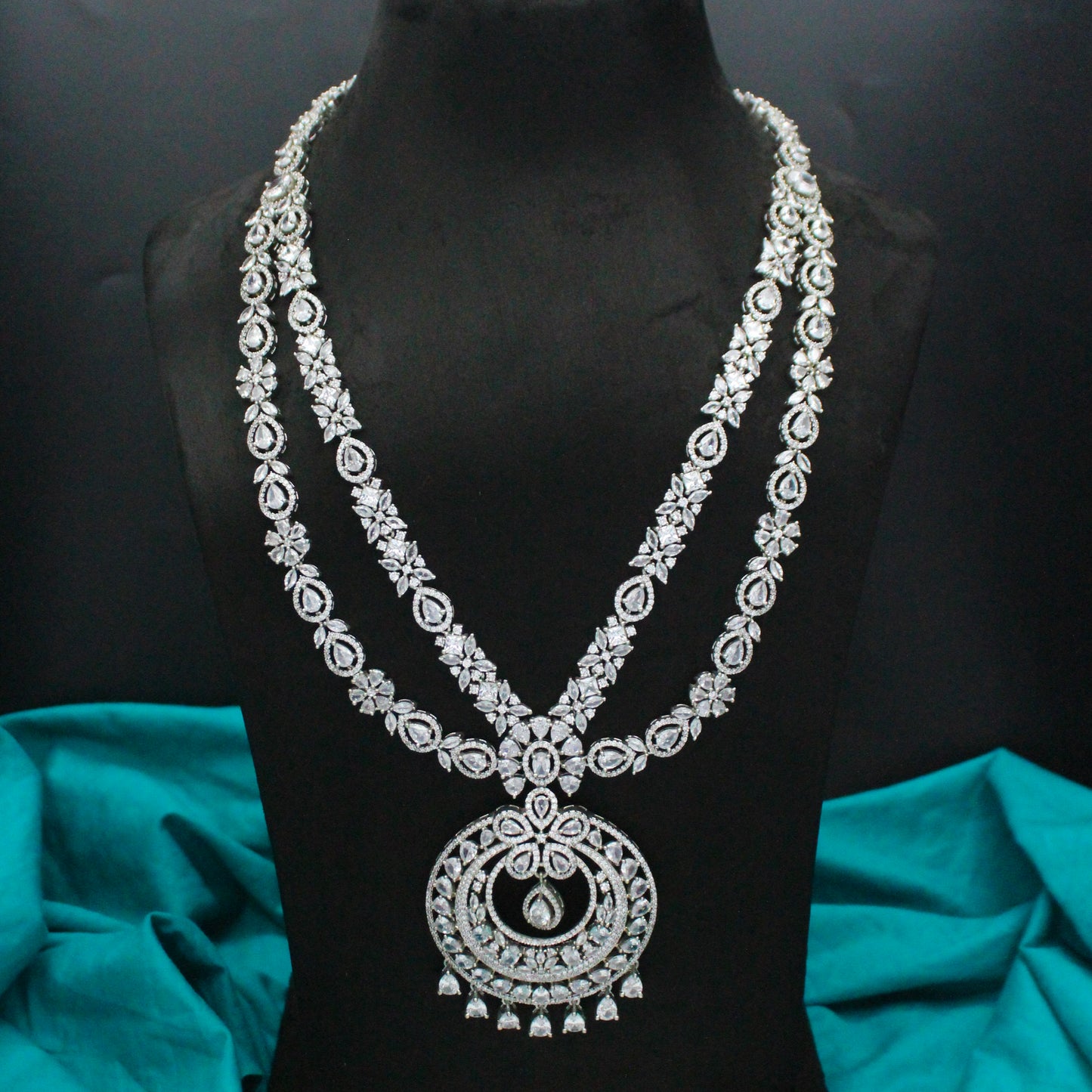Platinum Full White Grand Chand Long Necklace Set With Big Chandbali Earrings Push Back 9096