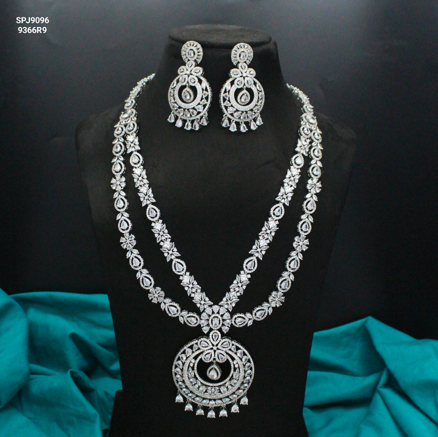 Platinum Full White Grand Chand Long Necklace Set With Big Chandbali Earrings Push Back 9096