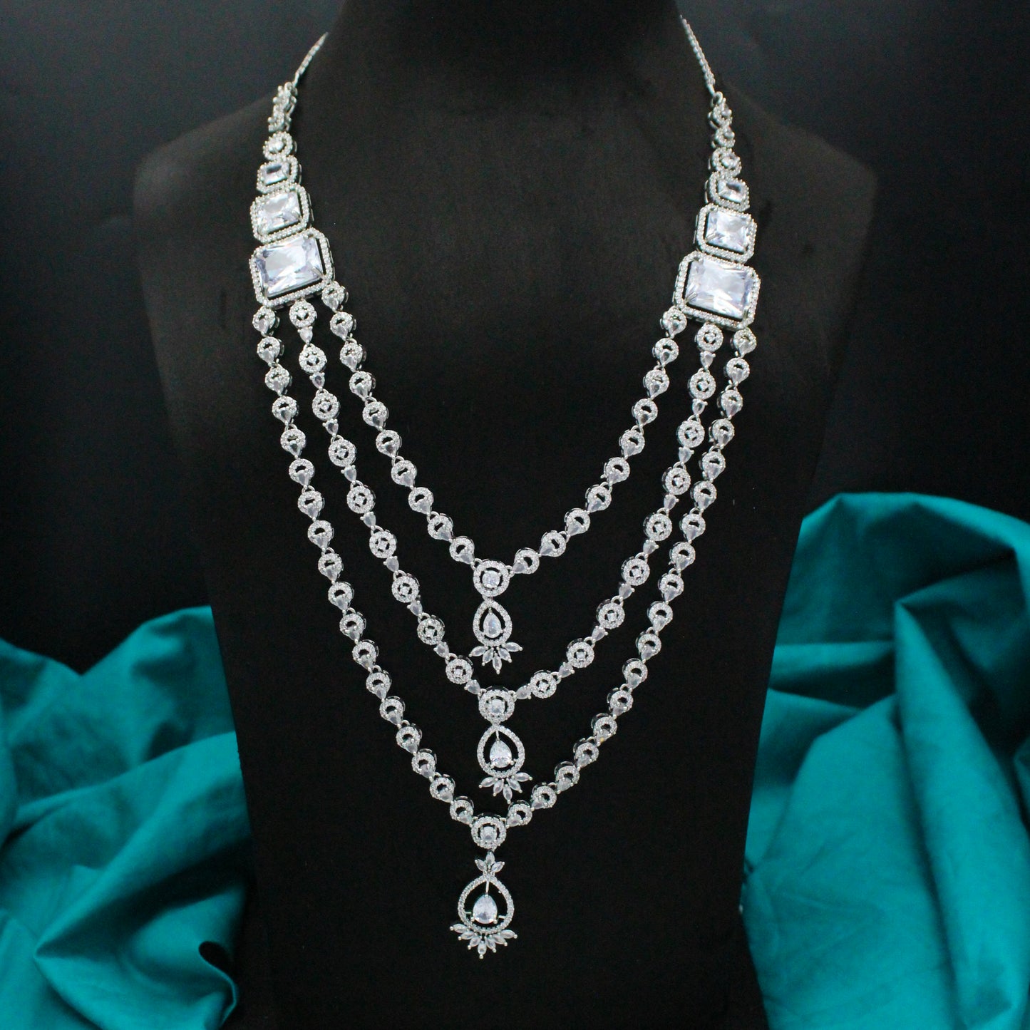 Platinum Full White Long Square Stone 3 Layers Necklace Set With Push Back Earrings 27318