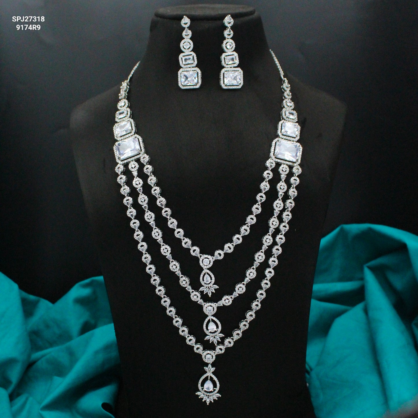 Platinum Full White Long Square Stone 3 Layers Necklace Set With Push Back Earrings 27318