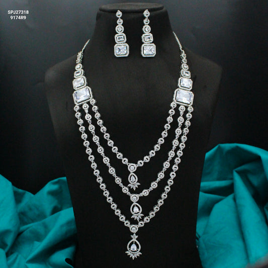 Platinum Full White Long Square Stone 3 Layers Necklace Set With Push Back Earrings 27318