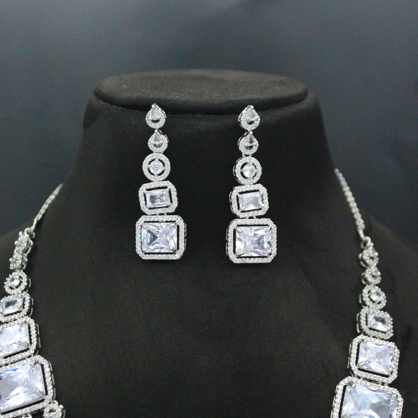 Platinum Full White Long Square Stone 3 Layers Necklace Set With Push Back Earrings 27318