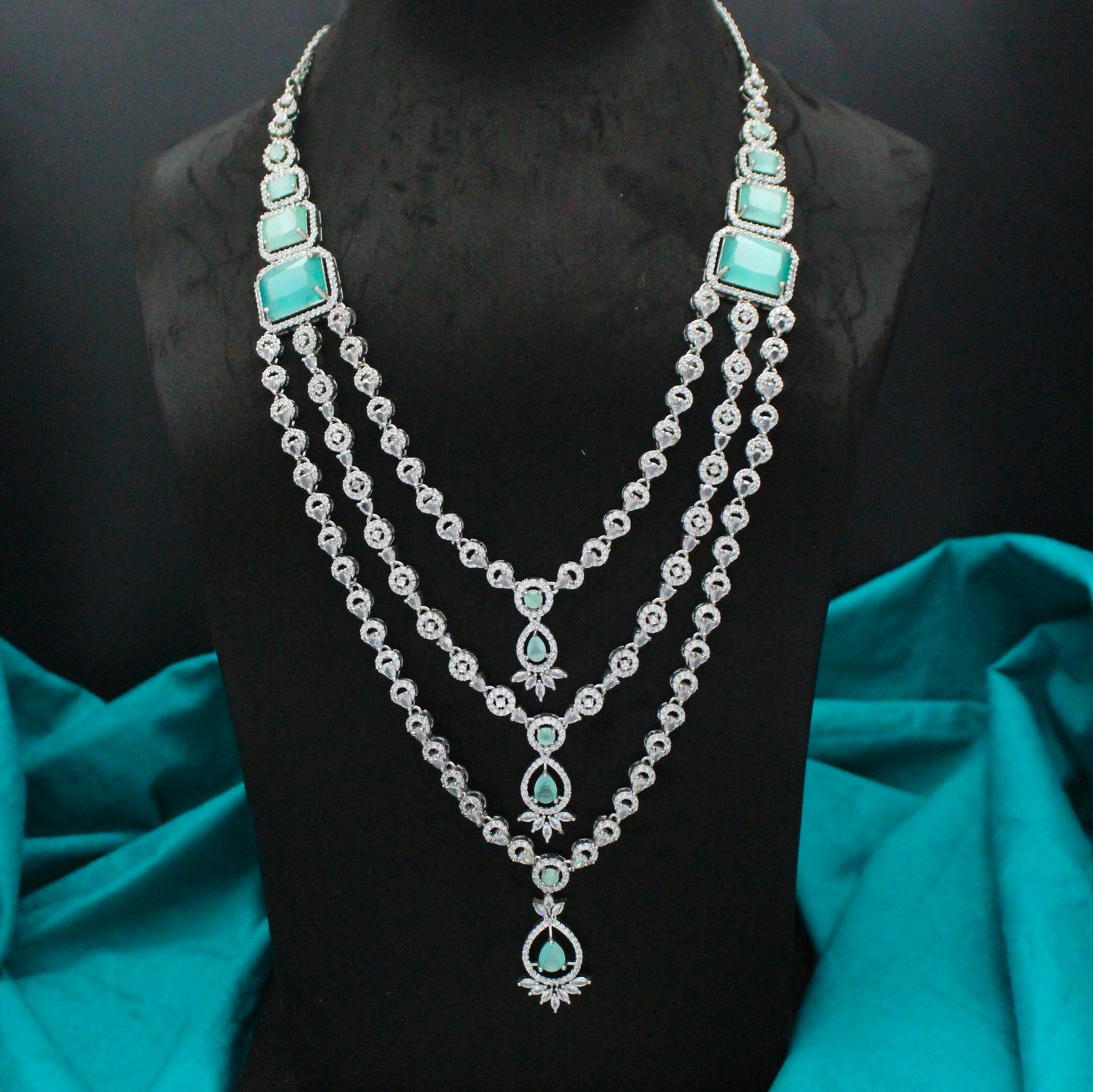 Platinum Mint Blue Long Square Stone 3 Layers Drop Necklace Set With Push Back Earrings 27313