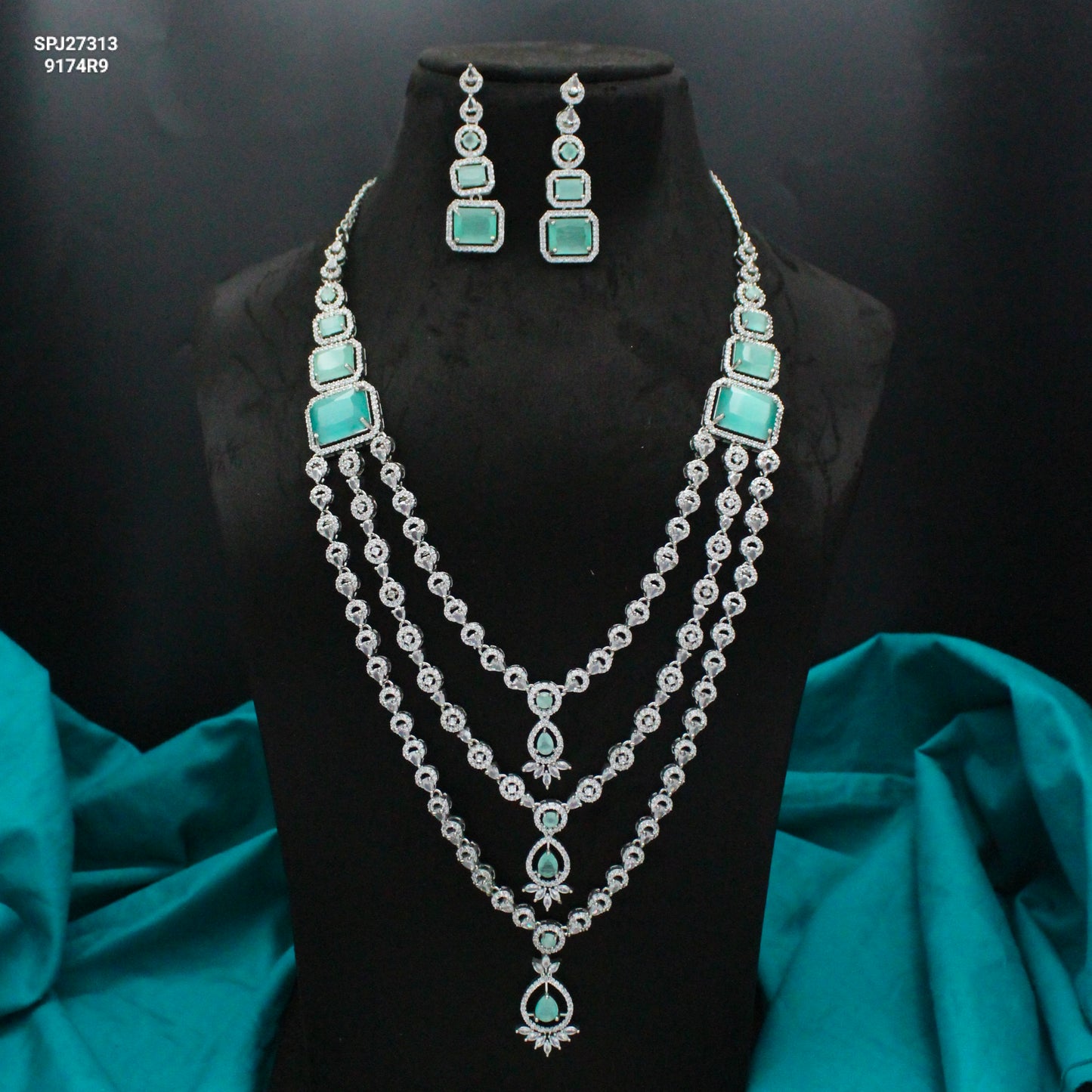 Platinum Mint Blue Long Square Stone 3 Layers Drop Necklace Set With Push Back Earrings 27313