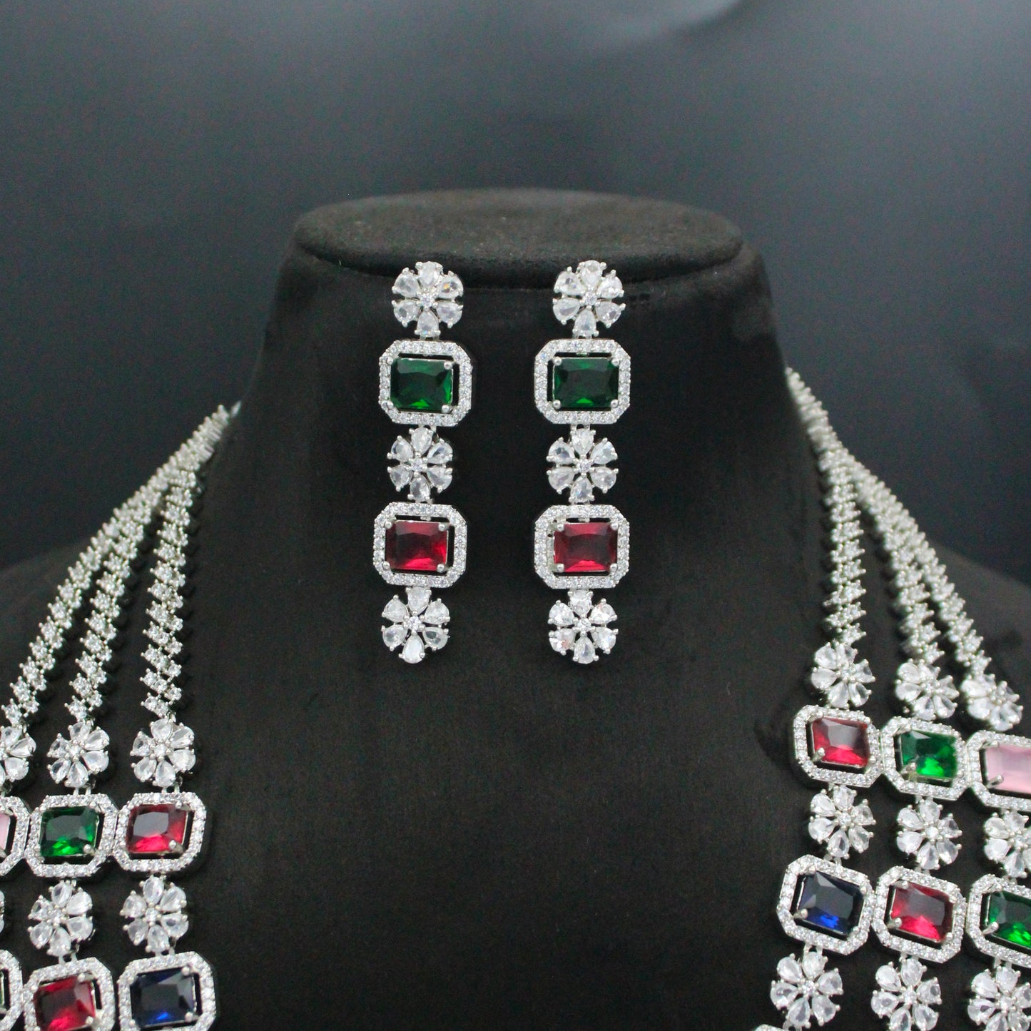 Platinum Multi Square Stone 3 Layer Long Necklace Set With Push Back Earrings 15623