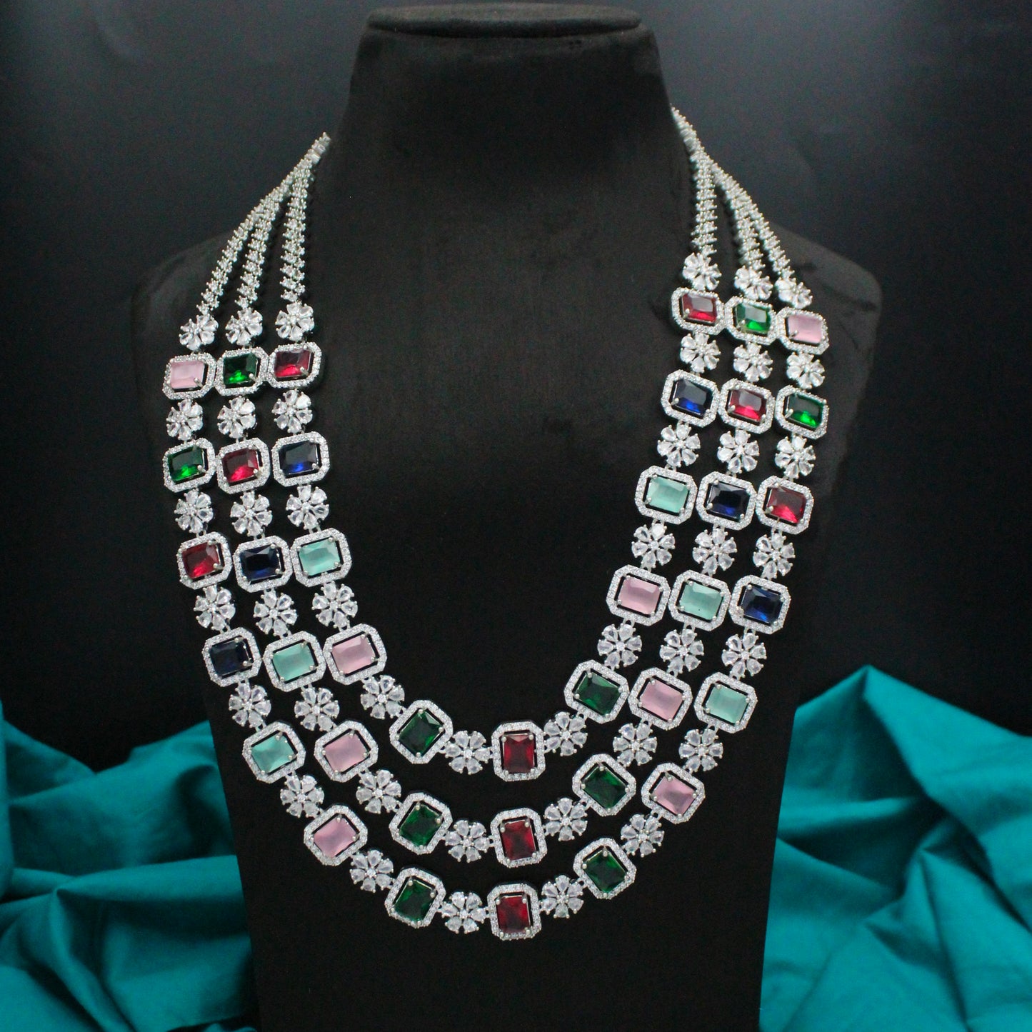 Platinum Multi Square Stone 3 Layer Long Necklace Set With Push Back Earrings 15623