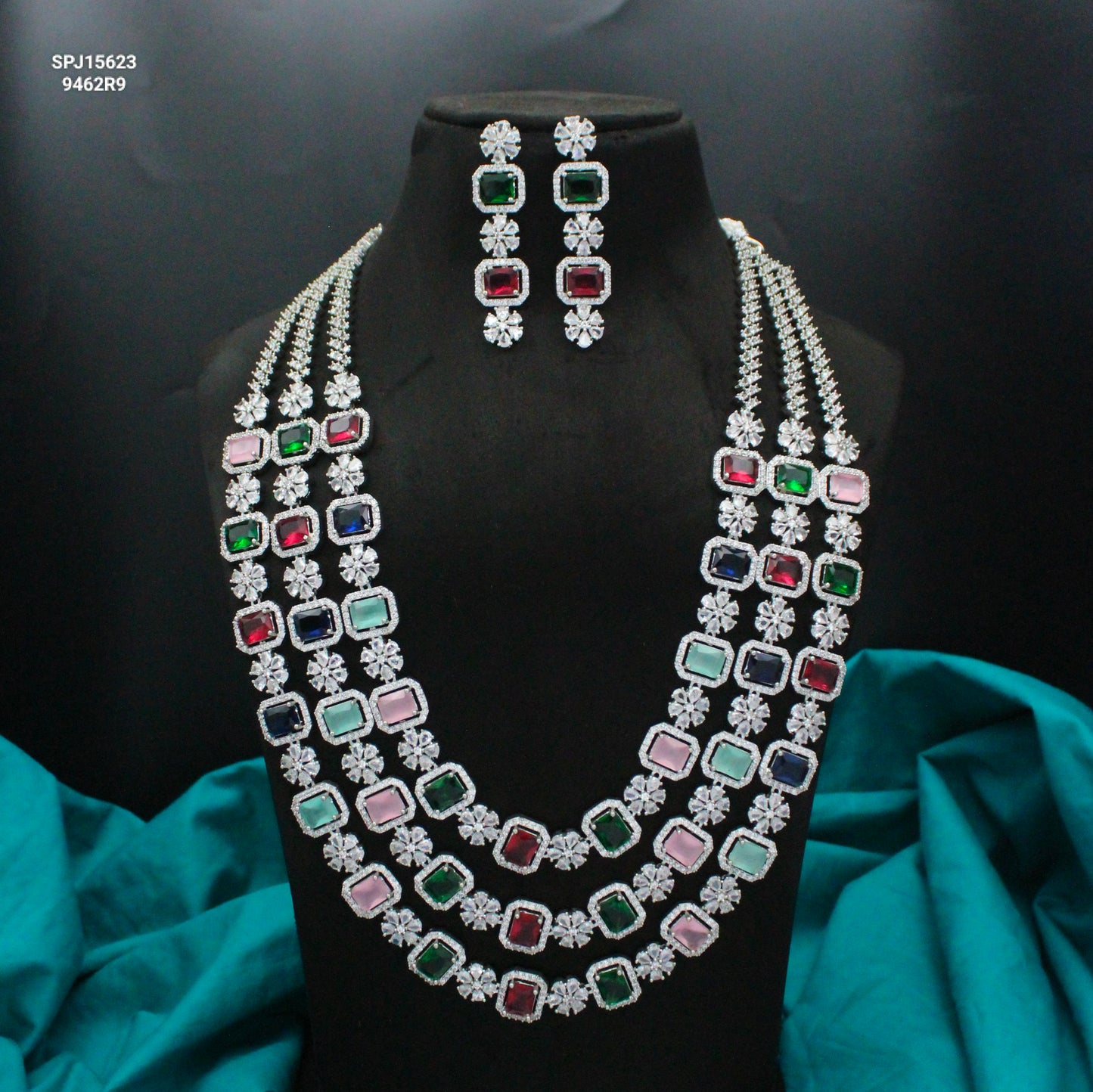 Platinum Multi Square Stone 3 Layer Long Necklace Set With Push Back Earrings 15623
