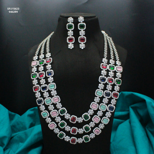Platinum Multi Square Stone 3 Layer Long Necklace Set With Push Back Earrings 15623