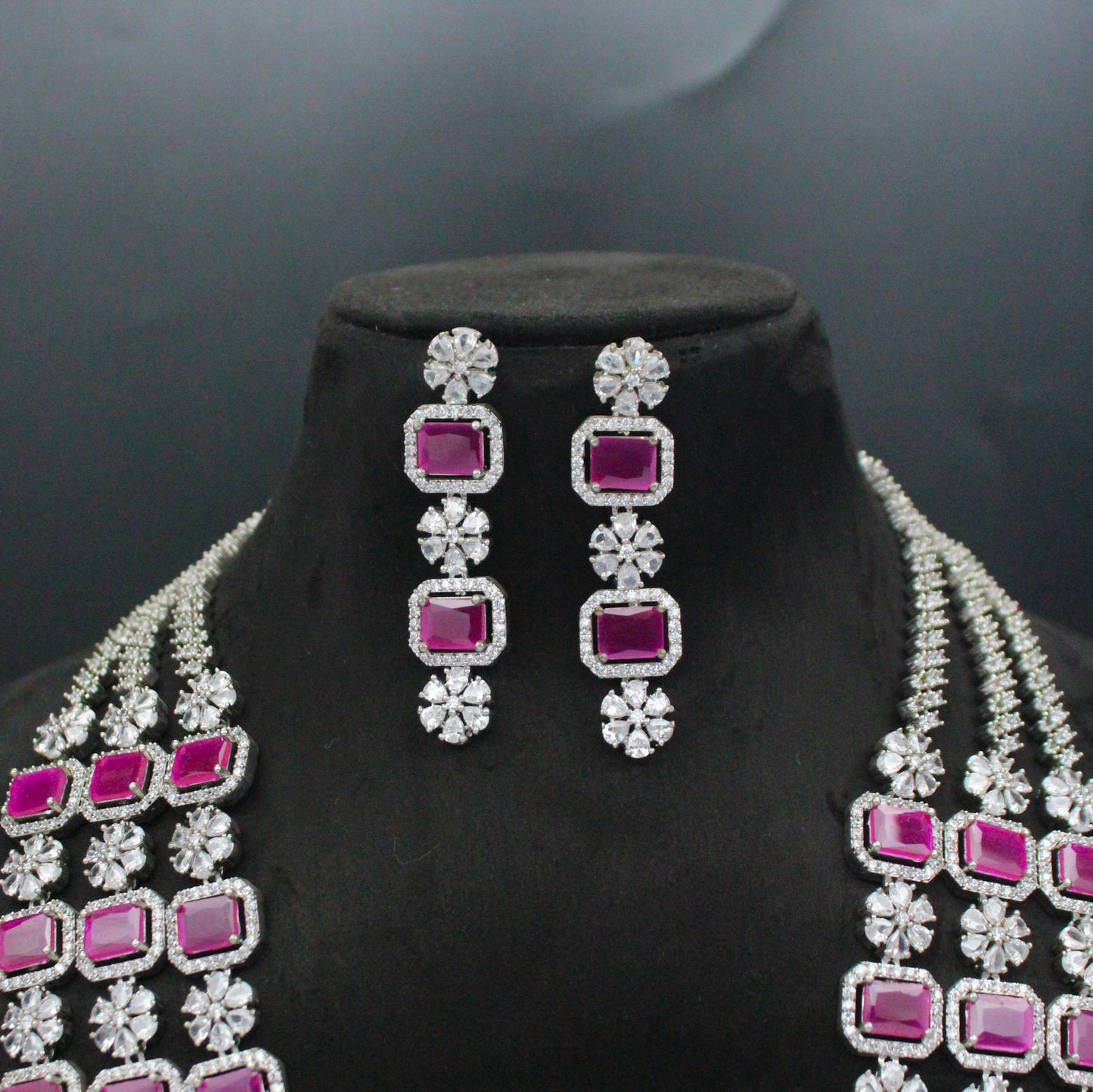 Platinum Dark Pink Square Stone 3 Layers Long Necklace Set With Push Back Earrings 15622