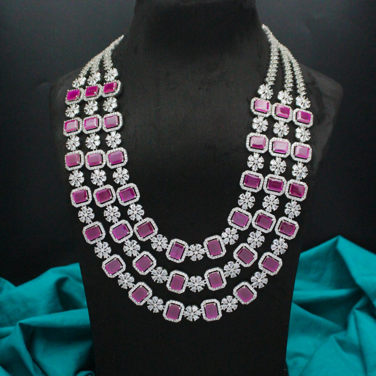 Platinum Dark Pink Square Stone 3 Layers Long Necklace Set With Push Back Earrings 15622