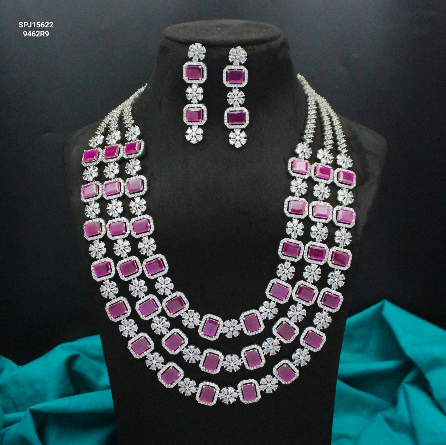 Platinum Dark Pink Square Stone 3 Layers Long Necklace Set With Push Back Earrings 15622