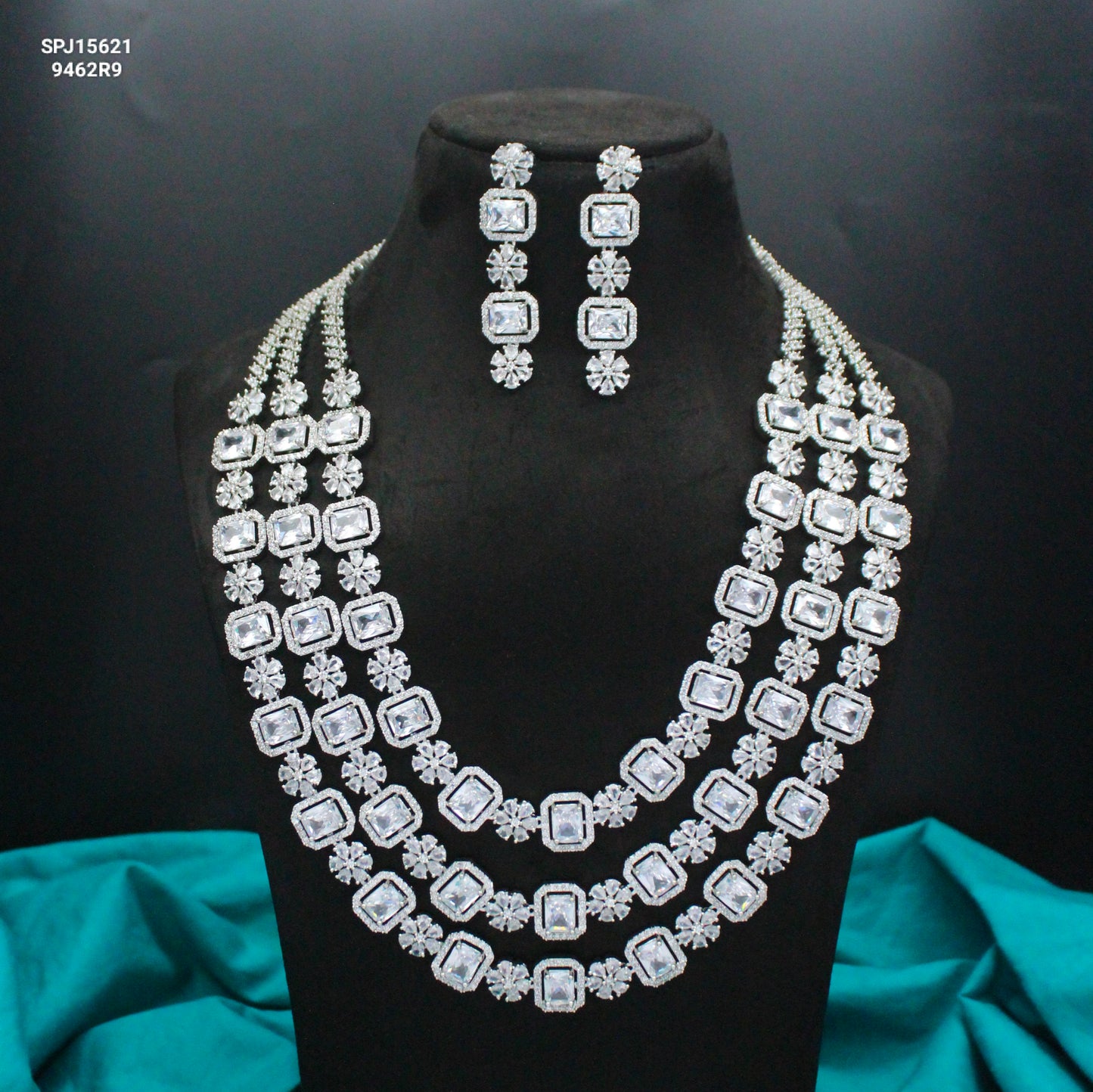 Platinum Full White Square Stone 3 Layers Long Necklace Set With Push Back Earrings 15621