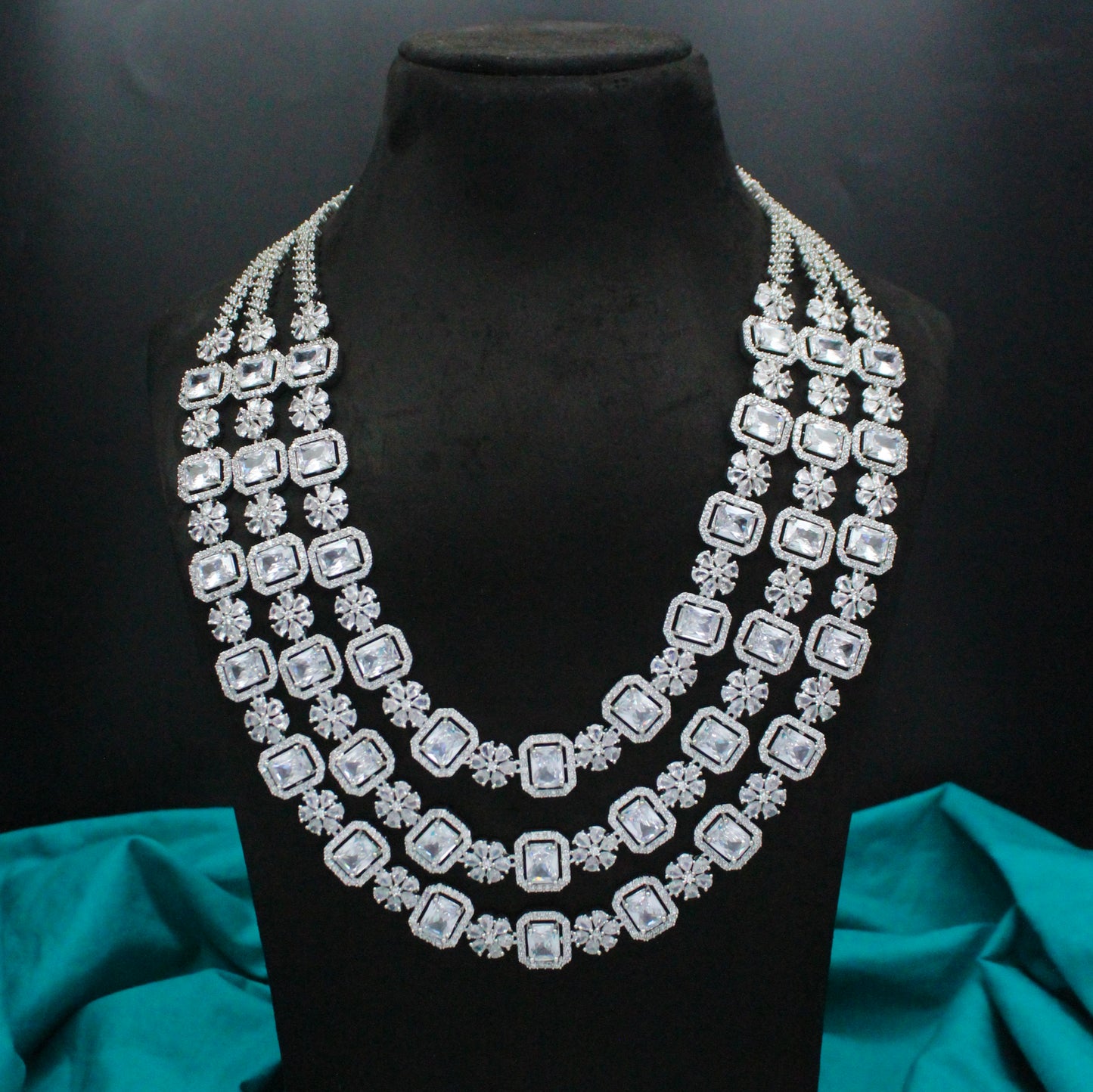 Platinum Full White Square Stone 3 Layers Long Necklace Set With Push Back Earrings 15621